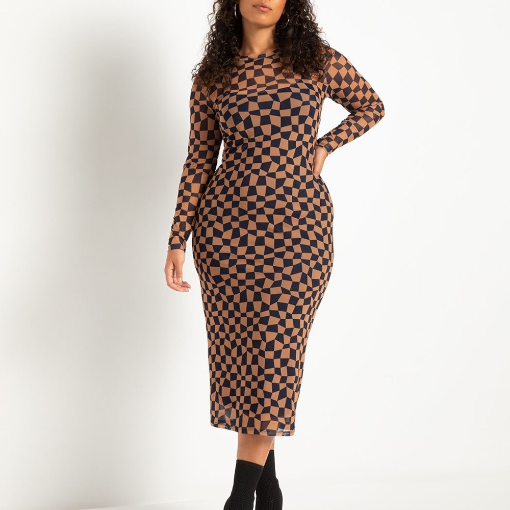 Eloquii Mesh Printed Midi Dress — Checkerboard, Bodycon, Plus Size